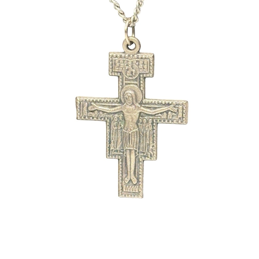 Vintage Italy Silver Tone Etched San Damiano Crucifix Christian Cross Necklace - Picture 2 of 9